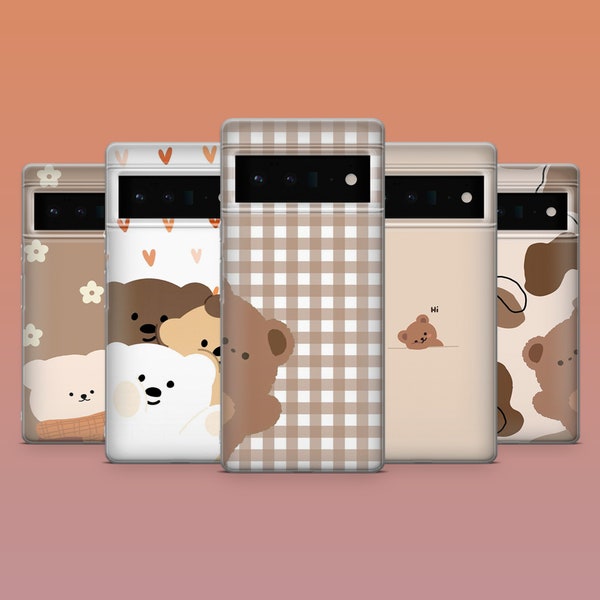 Teddy Bear Phone Case Brown Kawaii Bears Couverture pour Google Pixel 8Pro, 8A, 7A, 7Pro, 6A, Samsung Galaxy S24, S23fe, A15, iPhone 15, 14, 13