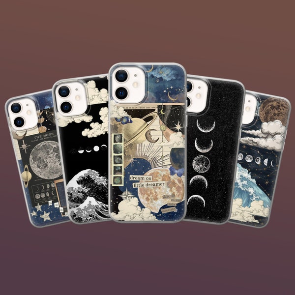 Dreamy Witchy Phone Case Crescent  Moon Phase for iPhone 14, 13, 12, 11, 8, Xr, Galaxy S23, S21Fe, S22, Samsung A14, A54, Pixel 7, 7Pro, 6A
