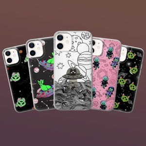 Funda para teléfono con diseño de gato alienígena, diseño de nave espacial OVNI para iPhone 16, 15, 14, 13, 12, 11, Samsung S25, S24Fe, S23, A56, A16, Pixel 9Pro XL, 8A, 7A, 7Pro, 6A