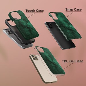 May include: Three phone cases with a green and white galaxy design are displayed. The cases are labeled "Tough Case", "Snap Case", and "TPU Gel Case". The phones are black and silver.