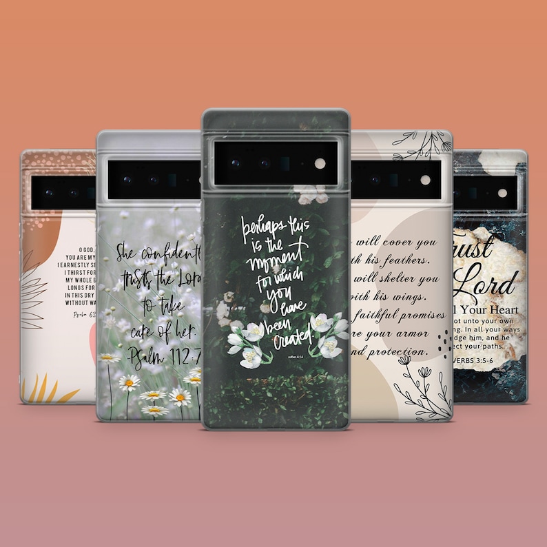 May include: A collection of phone cases with various designs and inspirational quotes. The cases feature floral and abstract patterns, with text from the Bible. The cases are in shades of white, brown, and green.