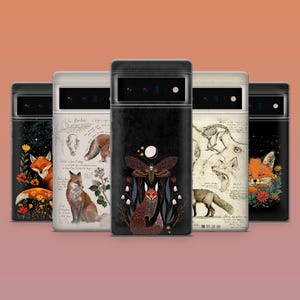 May include: Five phone cases with unique designs. The cases feature illustrations of foxes, moths, and botanical elements. The color palette includes black, white, and shades of brown and orange. The cases have a sleek, modern design.
