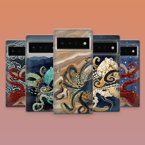 May include: Five phone cases with octopus designs. The cases display diverse colour schemes, including red, blue, gold, and teal, with detailed illustrations of octopuses. The backgrounds vary, showcasing wave patterns, starry skies, and abstract textures.