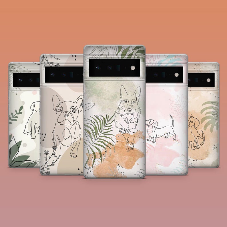 May include: A collection of phone cases featuring line art illustrations of various dog breeds. Each case has a unique background with watercolor-style washes in muted tones of green, pink, and beige, with botanical accents.