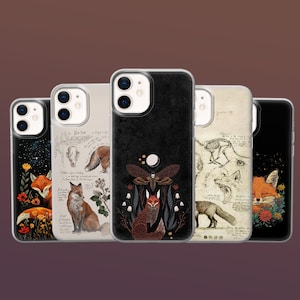 Könnte beinhalten: Eine Auswahl an Handyhüllen mit Fuchs-Illustrationen. Designs umfassen einen Fuchs in einer sternenklaren Nachtszene, einen Fuchs mit botanischen Elementen und einen Fuchs mit einem Nachtfalter- und Mond-Design. Die Hüllen haben ein glänzendes Finish.