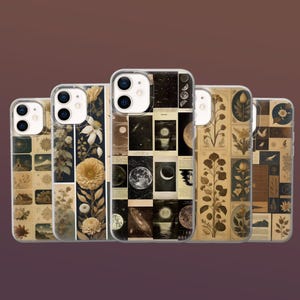 May include: A collection of five phone cases with clear borders. The cases feature various designs, including floral patterns, celestial imagery with moons and stars, and vintage-style illustrations in sepia tones. The cases are arranged in a row.