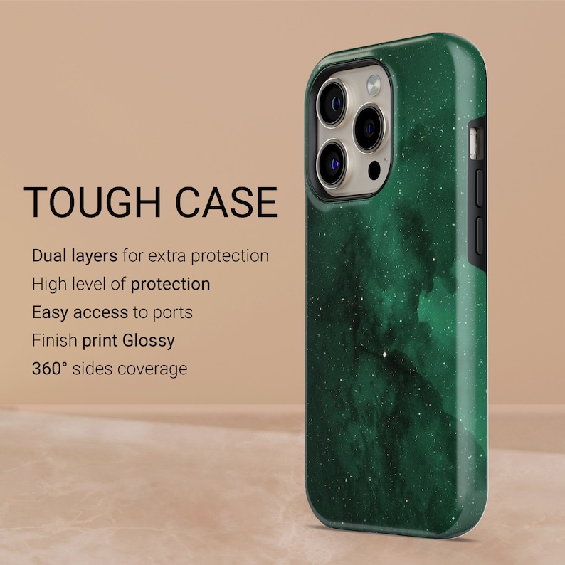 May include: A green and black phone case with a glossy finish. The case has a nebula-like design and the text "TOUGH CASE". Features include dual layers for extra protection, easy access to ports, and 360&deg; side coverage.