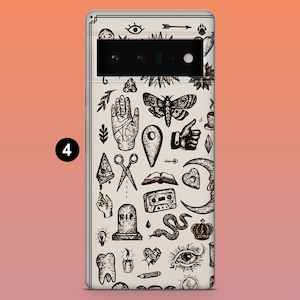 May include: A phone case with a cream background and a repeating pattern of black occult symbols, including a hand, moth, scissors, and tombstone. The number 4 is in a black circle in the lower left corner.