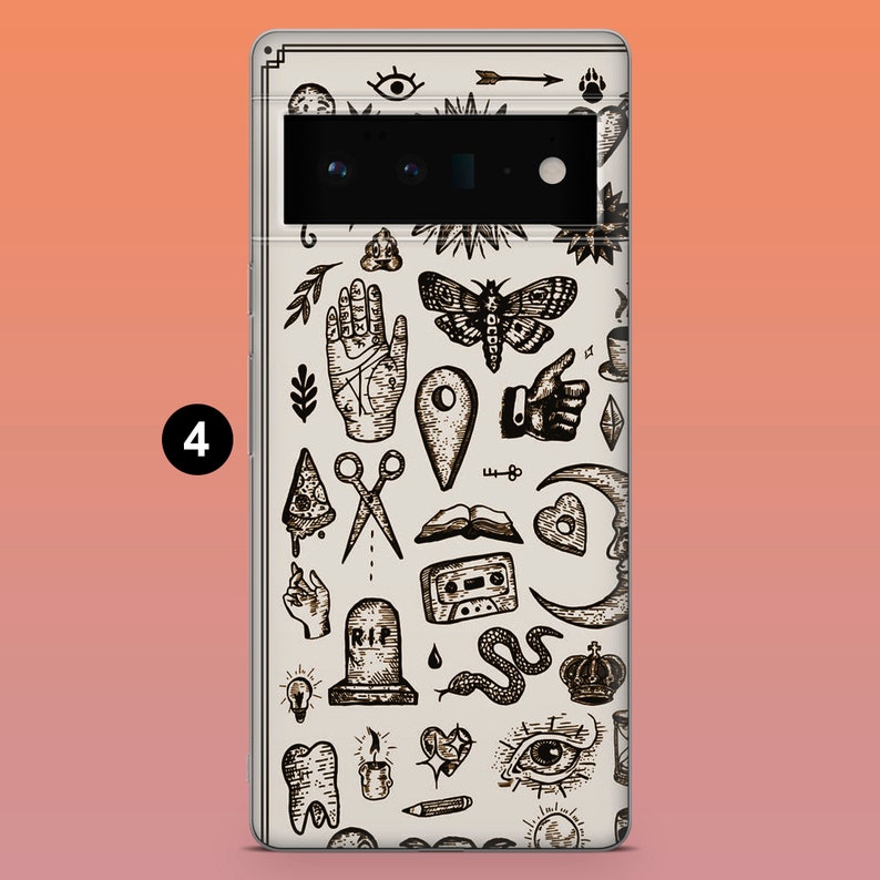 May include: A phone case with a cream background and a repeating pattern of black occult symbols, including a hand, moth, scissors, and tombstone. The number 4 is in a black circle in the lower left corner.