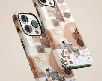 Boho Abstract Tough Case Beige Collage Snap Case für iPhone 14 Pro, 13, 12, 11, XR, SE, 7, 8+, Samsung S22 Ultra, S21, S20, S10, S9, S8, S7