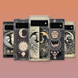 May include: A selection of phone cases with celestial-themed artwork. Each case displays a different design featuring the sun, moon, and women with long hair, in black, white, and gold. The cases are arranged in a row, highlighting the range of designs available.