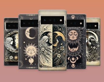 May include: A collection of phone cases with celestial designs. Each case features a unique illustration of the sun, moon, and women with long hair, in a black, white, and gold color palette. The cases are arranged in a row, showcasing the variety of designs.