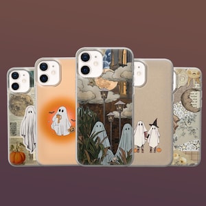 May include: A collection of five phone cases with Halloween-themed designs. The cases feature illustrations of ghosts, pumpkins, and night scenes with a full moon. The color palette includes orange, beige, and brown.