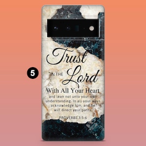 May include: A phone case with a marble design in shades of white, black, and teal. The case features the text "Trust in the Lord With All Your Heart" and a Bible verse reference. The case has a camera cutout.