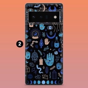 May include: Black phone case with a repeating pattern of celestial and mystical elements in blue and white. The design includes moons, stars, hands, eyes, and the word "ELEMENTS".