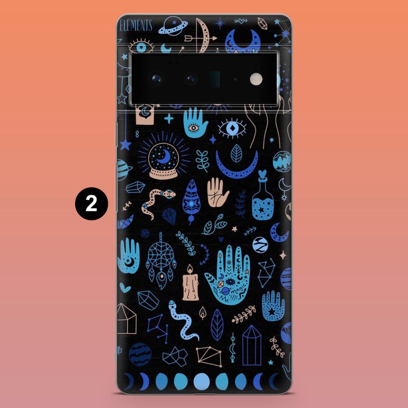 May include: Black phone case with a repeating pattern of celestial and mystical elements in blue and white. The design includes moons, stars, hands, eyes, and the word "ELEMENTS".