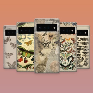 May include: Five phone cases with butterfly designs. The cases feature various butterfly illustrations in shades of brown, green, orange, and blue. Some cases have vintage paper and text backgrounds, while others showcase detailed butterfly species.