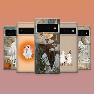 Pode incluir: Cinco capas de telemóvel com designs de Halloween. As capas apresentam ilustrações de fantasmas, abóboras e fundos de estilo vintage. A paleta de cores inclui laranja, bege e preto, criando uma estética assustadora, mas elegante.