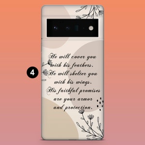 May include: A phone case with a beige and cream color scheme, featuring a quote from a religious text. The case has a floral design and abstract shapes. The text reads: "He will cover you with his feathers. He will shelter you with his wings. His faithful promises are your armor and protection."