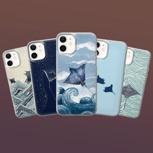 May include: Five phone cases with various stingray designs. The cases have clear edges and feature backgrounds such as waves, starry skies, and clouds. The stingrays are illustrated in shades of blue and grey.