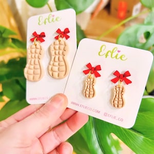 Peanuts Earrings With Red Bow | Cute Foodie Dangle Jewelry | Peant Studs Earrings | GIft Funny Food Nuts Earring Peanut Butter Danglings Gif