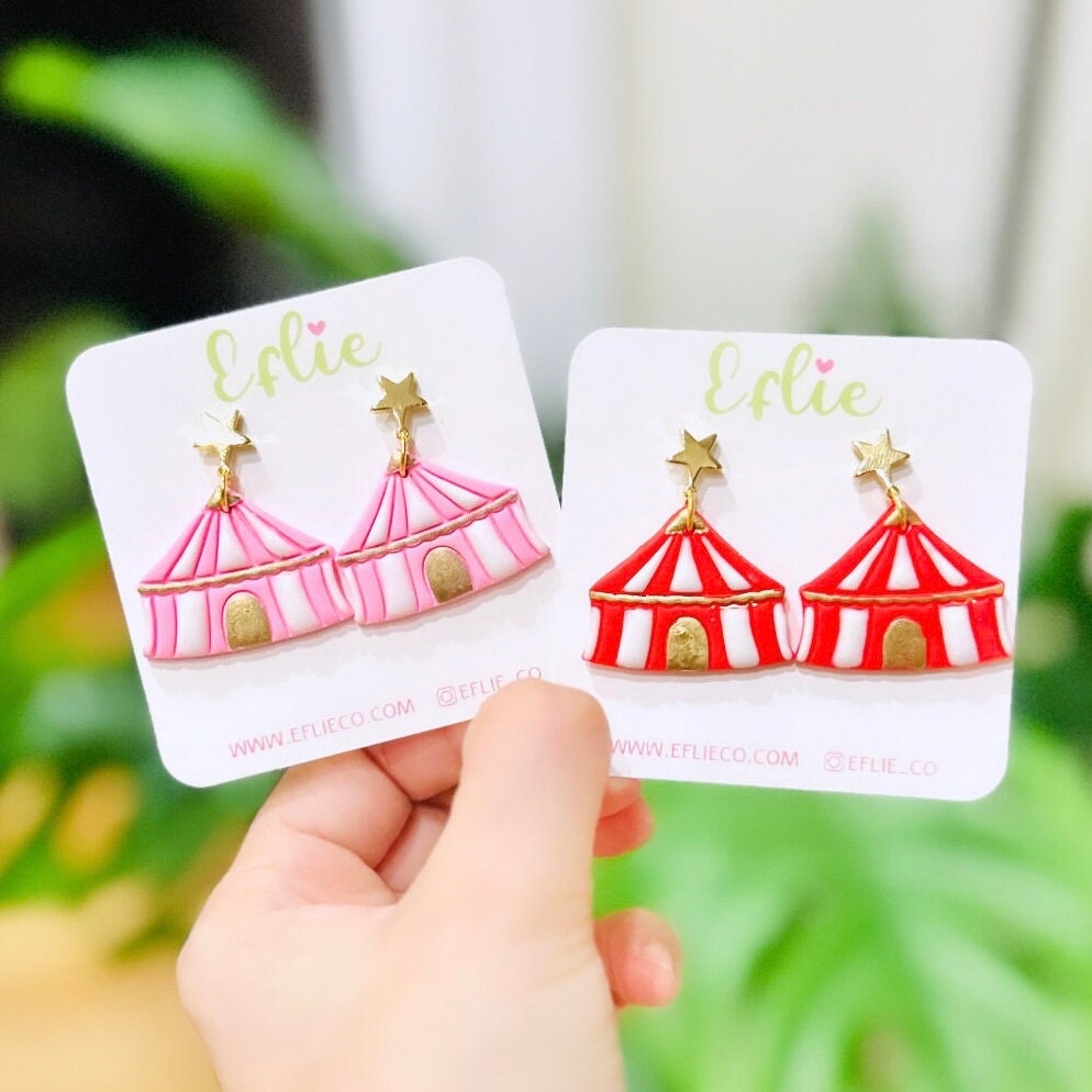 Circus Tent Star Clay Earrings | Fun Circus Tent Dangles  display picture 3