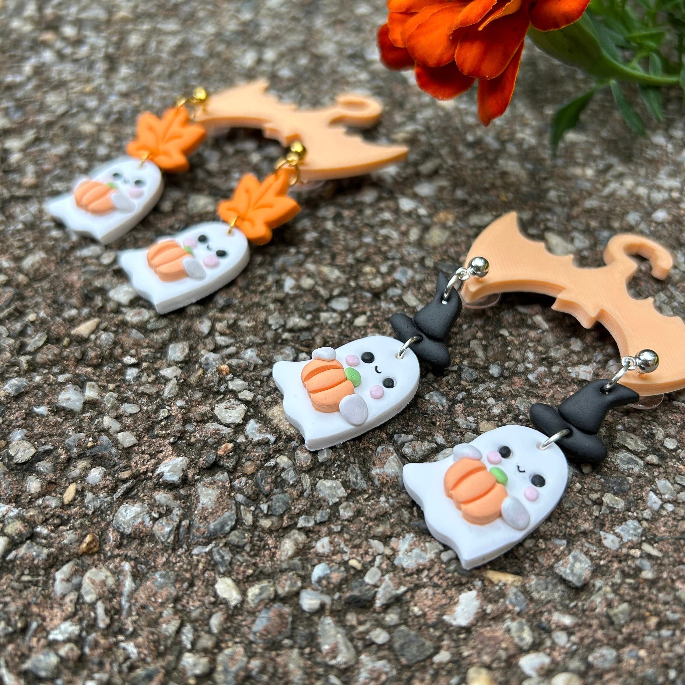 Halloween Cute Witch Ghost Pumpkin Earring | Clay Fall Studs | Cute Spooky Ghost Dangling | Halloween Gift Idea | Halloween Spooky Earrings