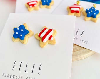 4TH OF JULY Sugar Cookie Studs Dangle Earrings | Memorial Day Earrings | Cookie Cute Flag Dangling | American Flag Earring Jewelry Gifts