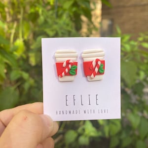 Christmas Latte clay Stud Earrings | Holiday Peppermint Cup Clay Studs | Cute Coffee Studs | Coffee Lover Earrings | Christmas Gift Earrings