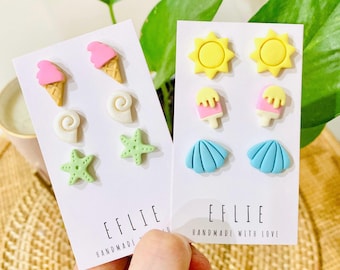 Summer Stud Earrings Sets | Summer Studs | Ice Cream seashell Sun Studs | Starfish Studs Jewelry | Ocean Snail Studs | Scallop Studs Summer