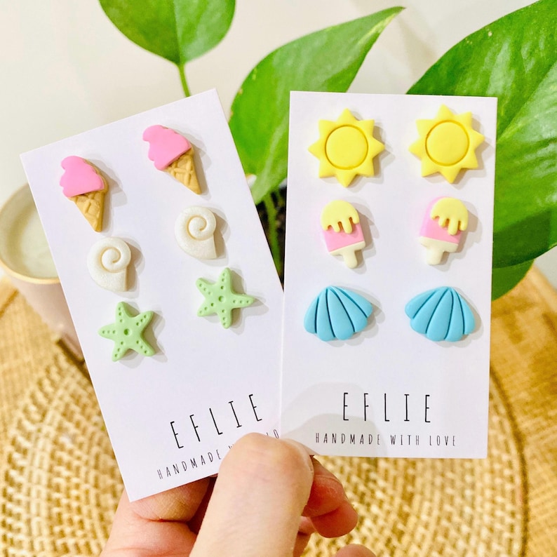 Summer Stud Earrings Sets | Summer Studs | Ice Cream seashell Sun Studs | Starfish Studs Jewelry | Ocean Snail Studs | Scallop Studs Summer I Want Them Both!