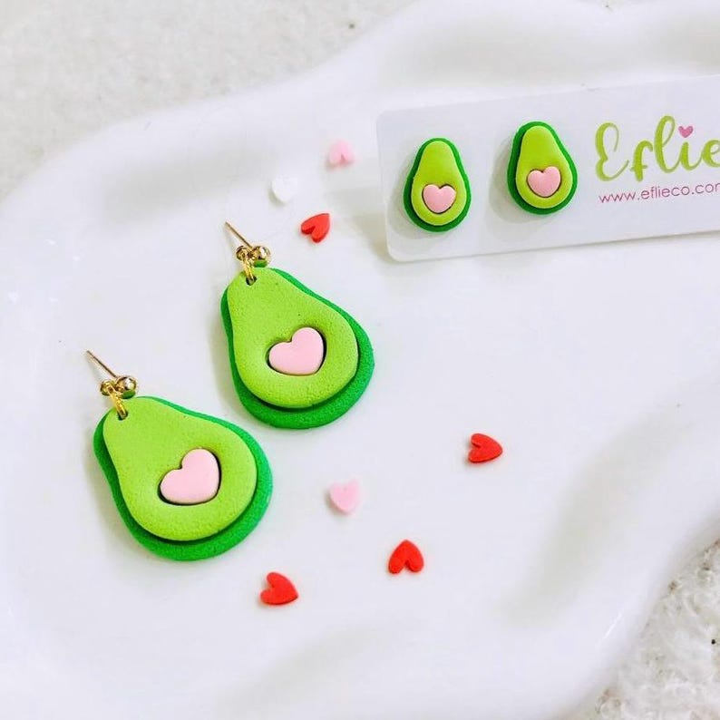 Avocado Heart Dangling Earrings | Cute Avocado Summer Fruit Dangling | Veggie Food Jewelry Avocado Pink Heart Handmade Polymer Clay Earring image 1