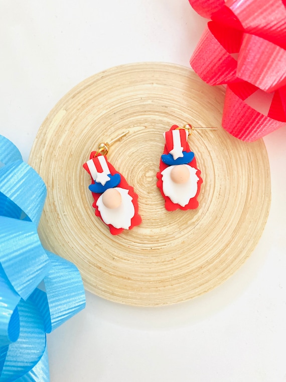4th Of July Gnome Earrings | Forth Of July Cute Gnome Clay Earrings | America USA Jewelry Dangling | Independence Day Dangle | USA Gift Idea