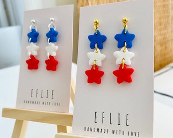 4TH OF JULY Star Earrings | Memorial Day Dangling Earrings | Blue White Red Stars American Flag Dangling | America Love Earring Jewellery