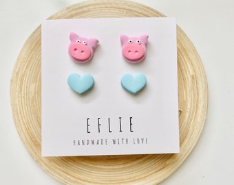 Pig Stud Earrings | Animal Earrings | Cute Piggy Gift Idea| | Handmade Clay Earrings | Cute Stud Set | Farm Animal Jewelry | Love