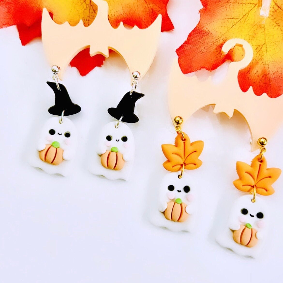Halloween Cute Witch Ghost Pumpkin Earring | Clay Fall Studs | Cute Spooky Ghost Dangling | Halloween Gift Idea | Halloween Spooky Earrings