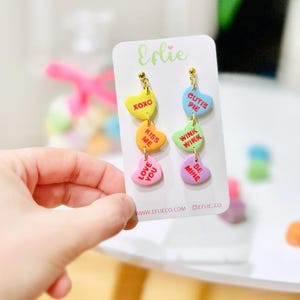 Conversation Hearts Candy Dangle Earrings Valentines Day Jewelry Love Kiss Me Be Mine Cutie Pie XoXo Studs Gift For Her Suger Candy Foodie