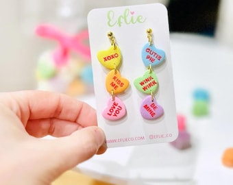 Conversation Hearts Candy Dangle Earrings Valentines Day Jewelry Love Kiss Me Be Mine Cutie Pie XoXo Studs Gift For Her Suger Candy Foodie