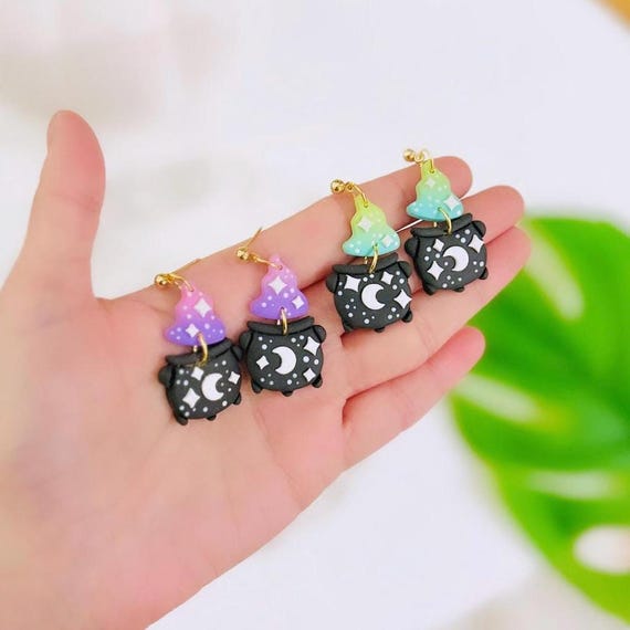 Halloween Cauldron Earrings: Spooky Polymer Clay Witch Jewelry