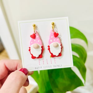 Valentines Day Gnome Earrings | Valentine’s Pink Gnome Clay Earrings | Red Pink Heart Jewelry Dangling | Valentine’s Day Gift Idea | Love