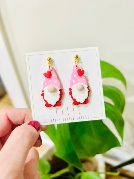 Valentines Day Gnome Earrings Valentines Pink Gnome Clay Earrings