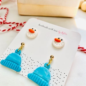 Winter Stud Earrings Set Of 2 | Snowman Studs | Holiday Earrings | Bean Hat Earrings | Christmas Blue Tree Stud Earrings | Winter Gift Ideas