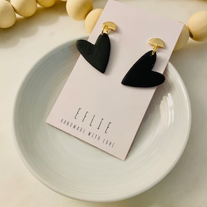 Black Shaped Heart Dangling Small Earrings | Polymer Clay Earrings | Love Earrings | Valentines Day Earrings | Sweet Small Heart Earrings