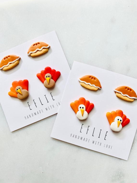Thanksgiving Studs earrings Set Of 2 | Holiday Earrings Thanksgiving Stud Cute Turkey Studs clay Earrings holiday Gift For Her Love Family