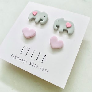 Baby Elephant Stud Earrings | Animal Earrings | Elephant Lovers Gift Idea| | Handmade Clay Earrings | Cute Stud Set | Heart Studs | Love