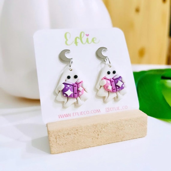 Book Nerd Ghost Halloween Earrings: Spooky Polymer Clay Jewelry