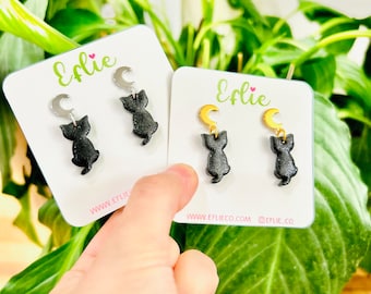 Sparkle Black Cat Earrings | Cat Gold Moon Dangles | Black Cat Jewelry Dangle| Animal Lovers Gift For Cat Lover | Sparkle Cat Moon Dangling