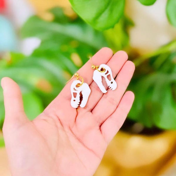 T-Rex Skull Dangle Earrings: Handmade Clay Dinosaur Jewelry