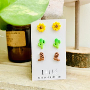 Southwestern Stud Earrings | Cowboy Boots Small Studs | Sunflower Stud Jewelry Earrings | Handmade Clay Earrings | Texas Cactus Western Gift