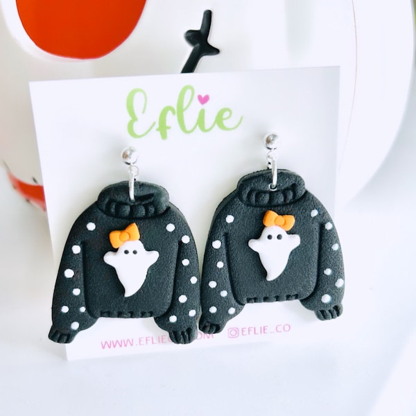 Halloween Sweater With Ghost Bow | Dangle Earrings | Spooky Cute Oversize ugly Sweater Statement Earrings | Female Ghosts Black Dots Sweater